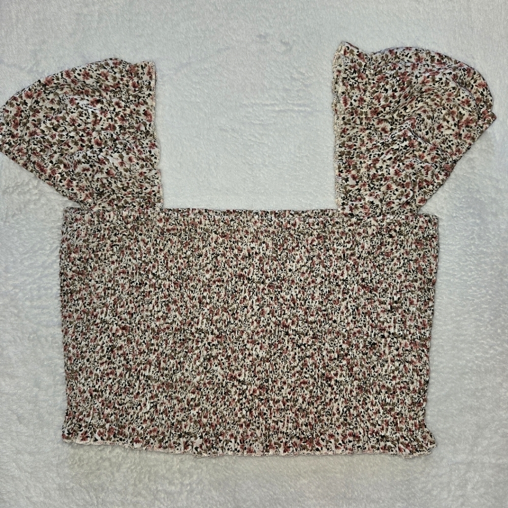 OVianca M Pink/Brwn Smocked Y2K Crop Top Puffy Sleeve 🌸Peasant Prairie❤️ Flirty - Picture 5 of 10